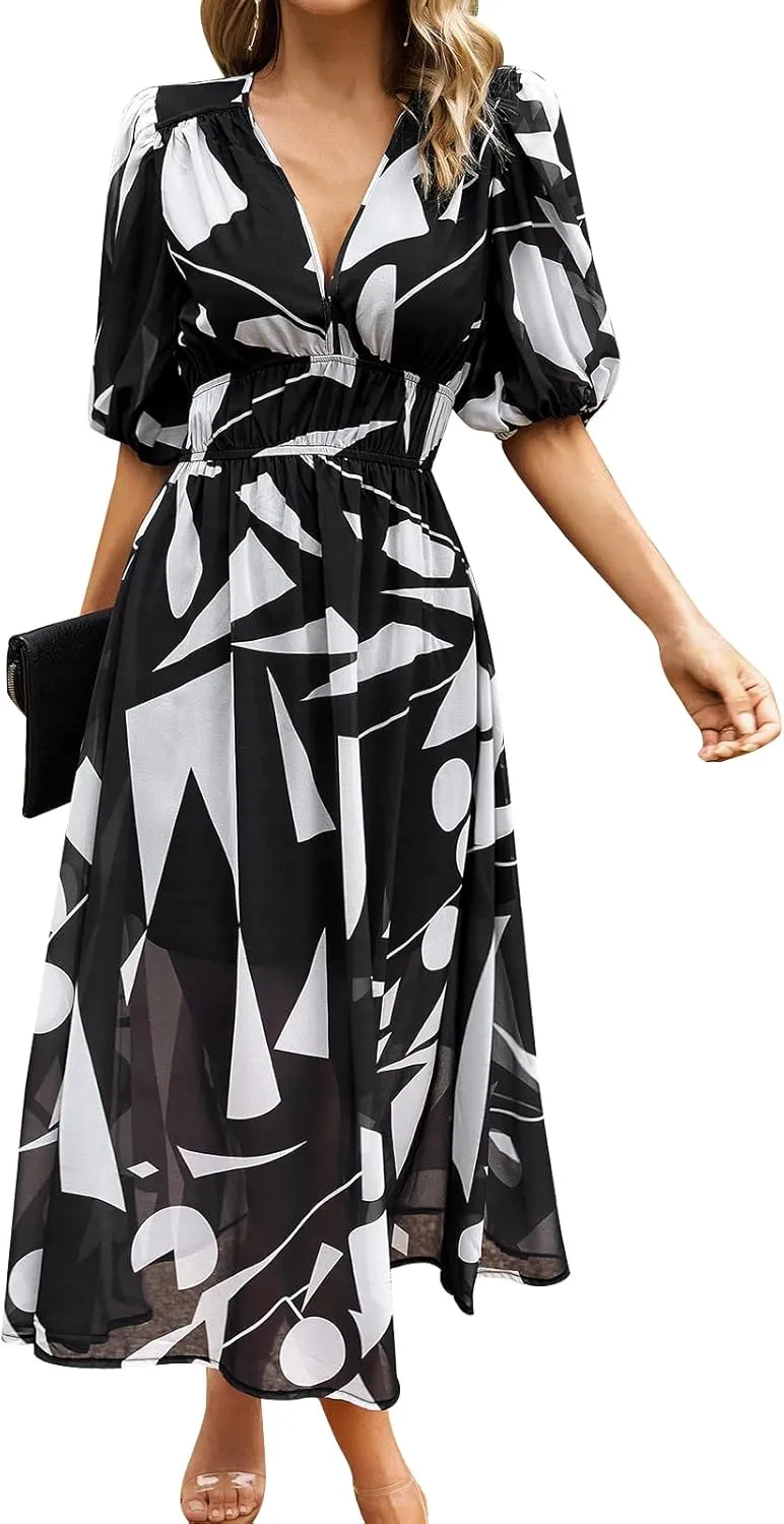 IDOPIP Women Elegant Floral Print Midi Dress Empire Waist Chiffon Dress Summer Boho Flowy Sundress Casual Ruffle Maxi Dress