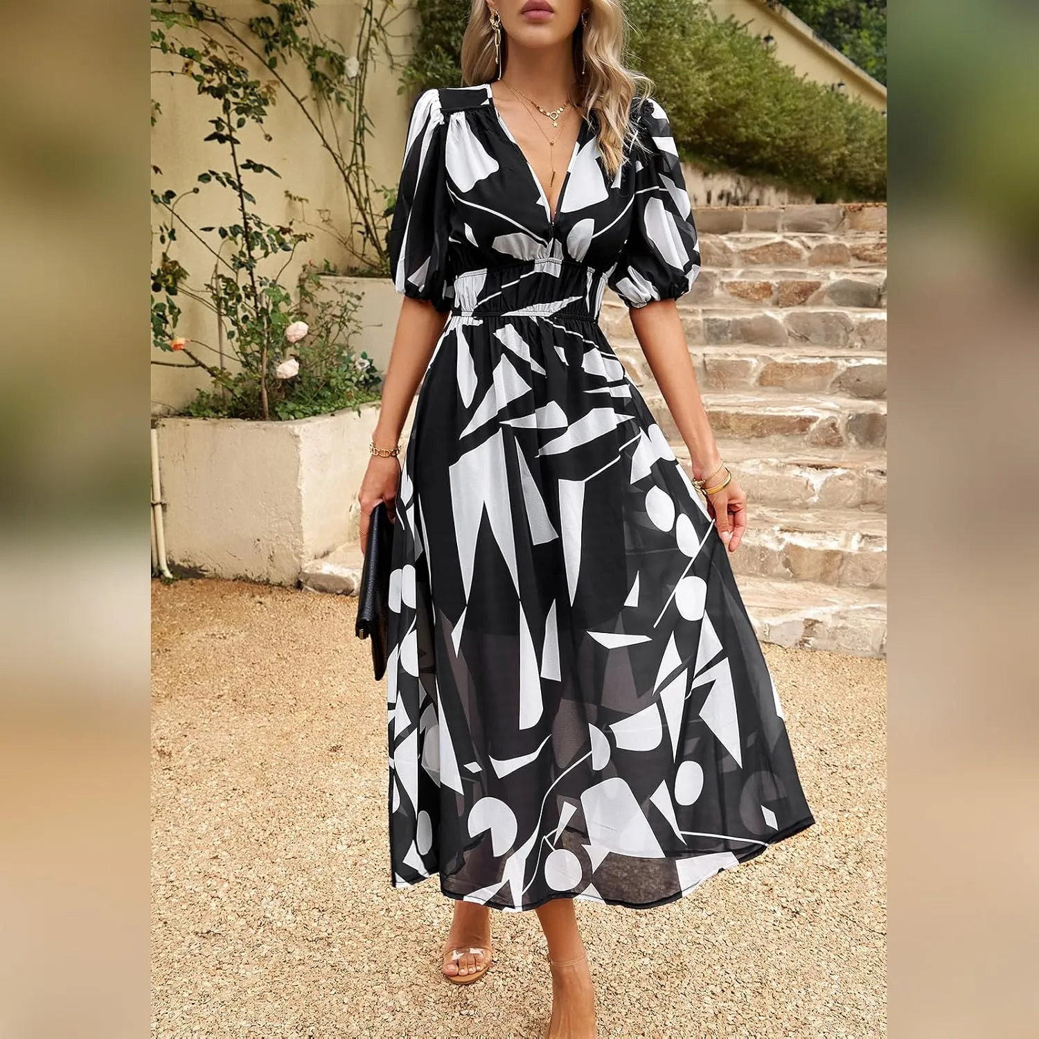 IDOPIP Women Elegant Floral Print Midi Dress Empire Waist Chiffon Dress Summer Boho Flowy Sundress Casual Ruffle Maxi Dress