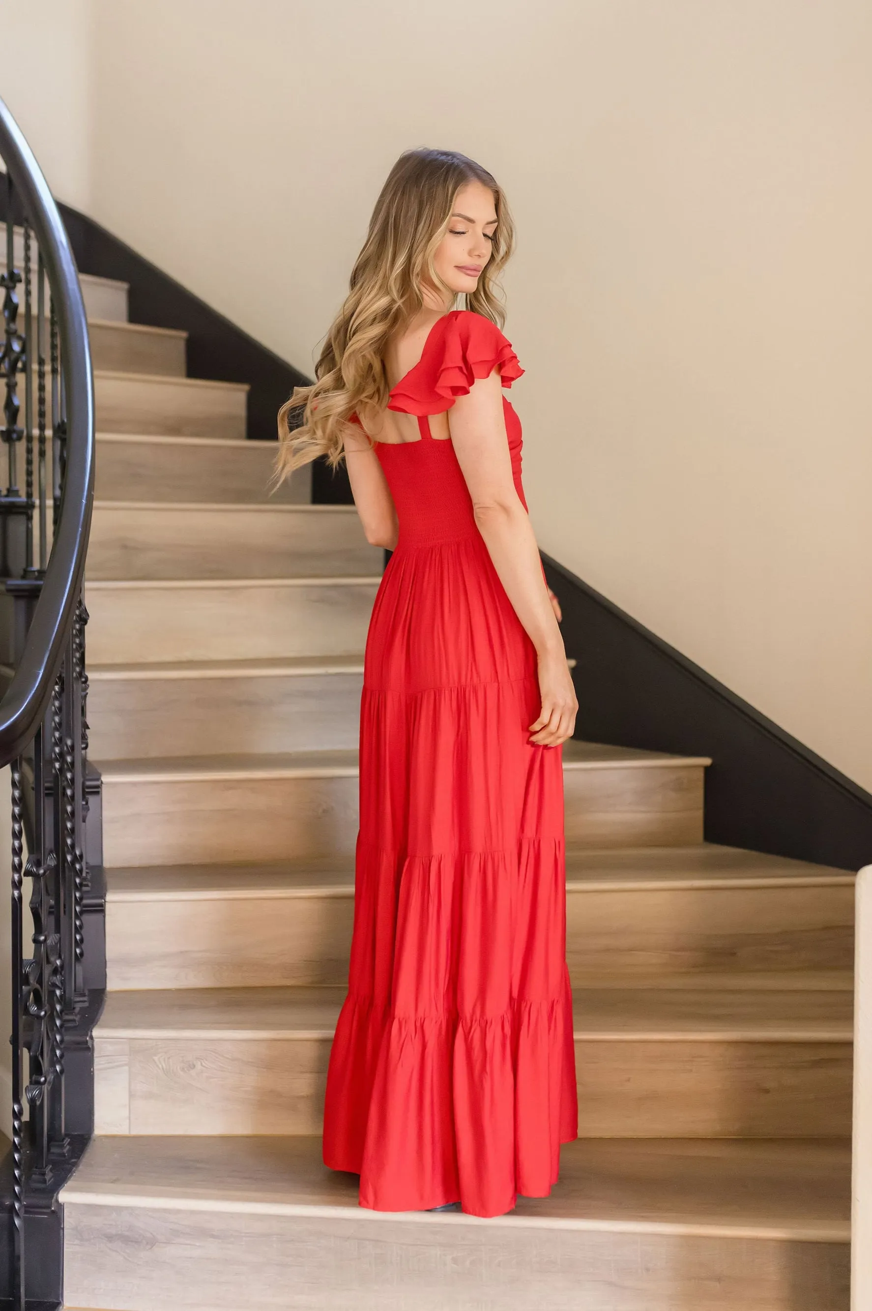 Kendall Ruffle Sleeve Maxi Dress Red