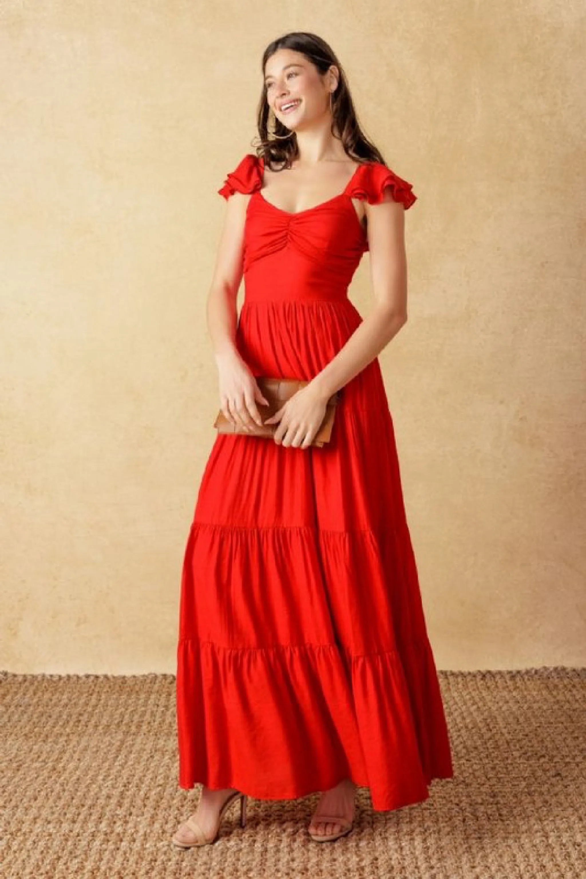 Kendall Ruffle Sleeve Maxi Dress Red