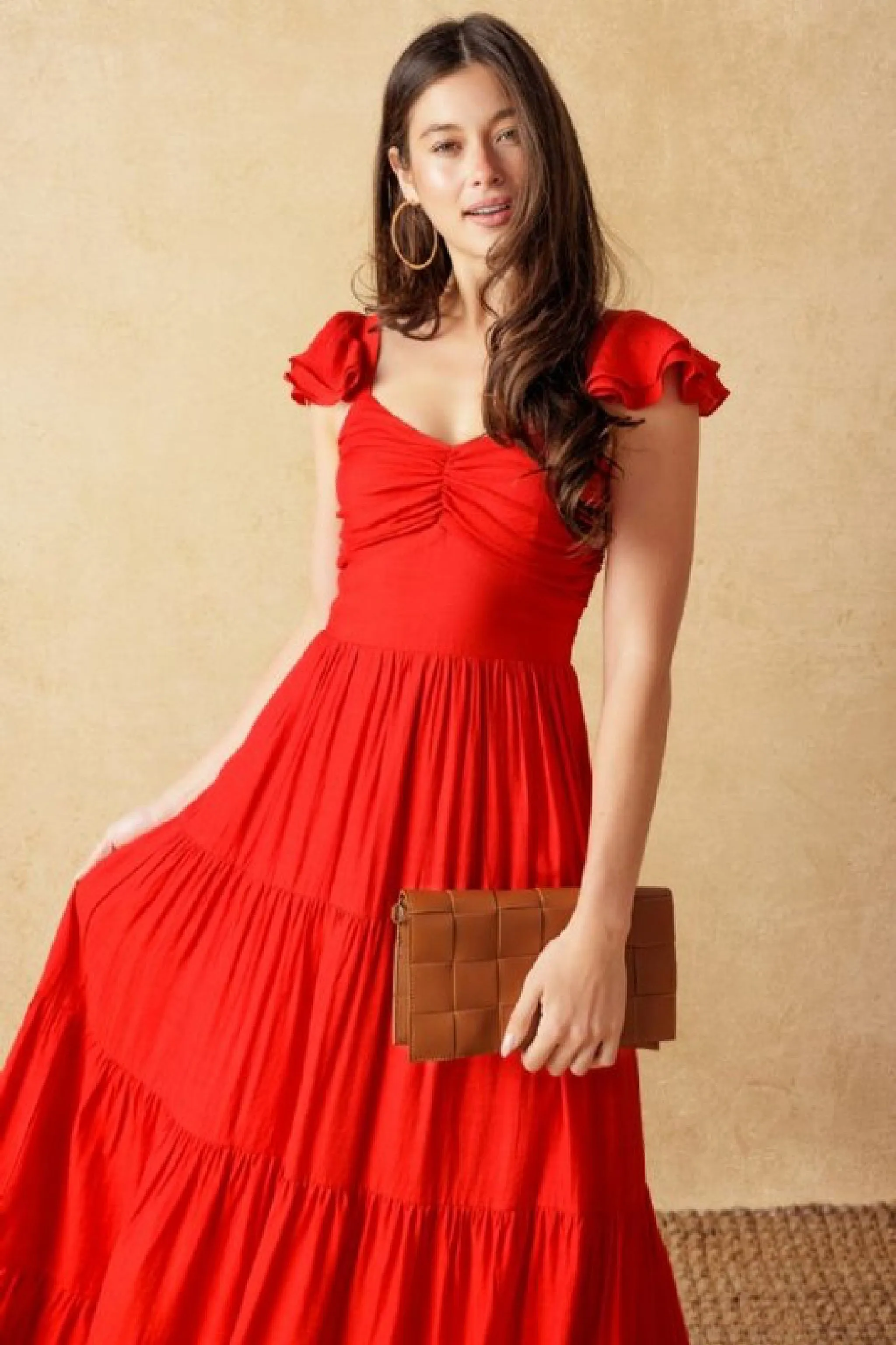 Kendall Ruffle Sleeve Maxi Dress Red