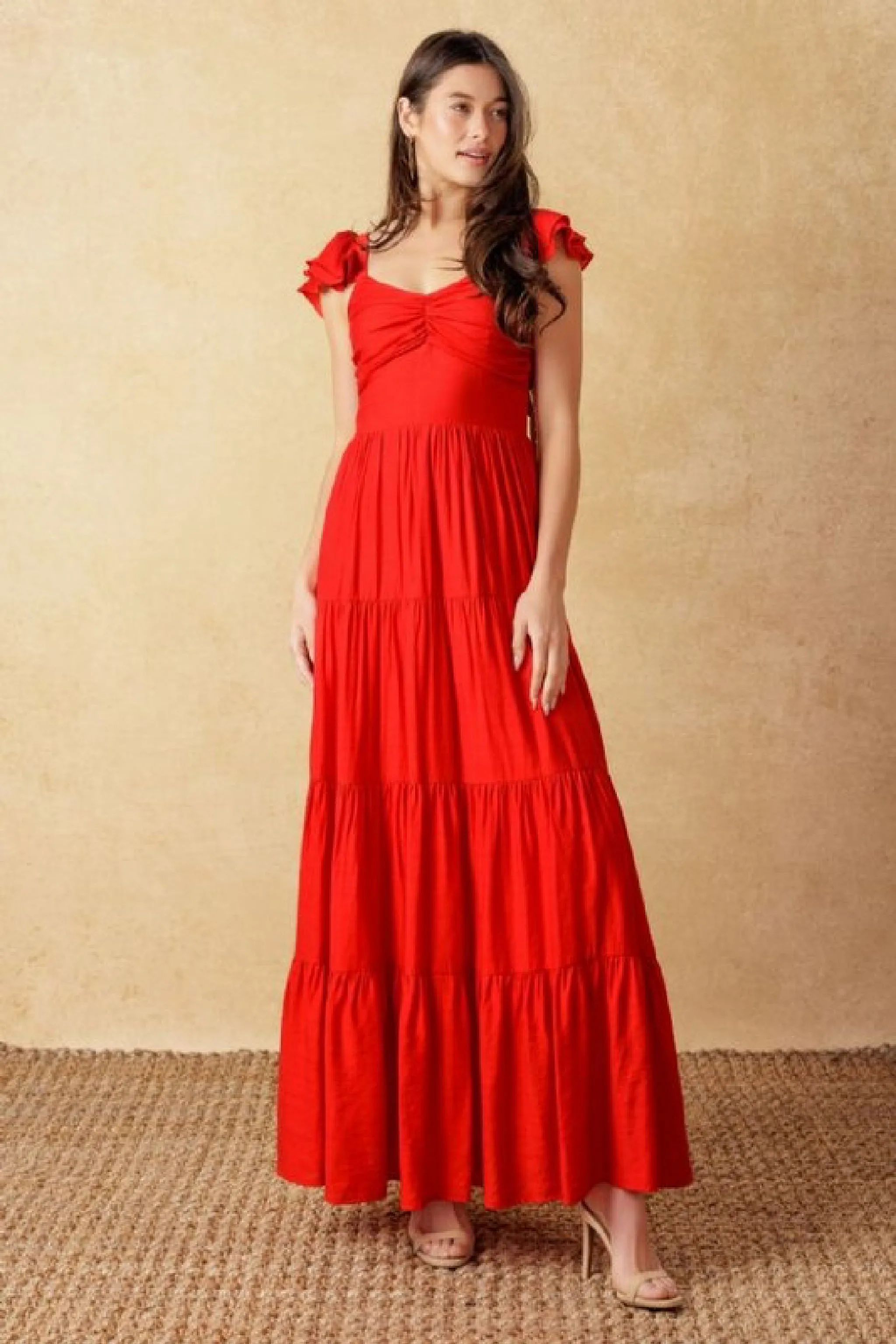 Kendall Ruffle Sleeve Maxi Dress Red