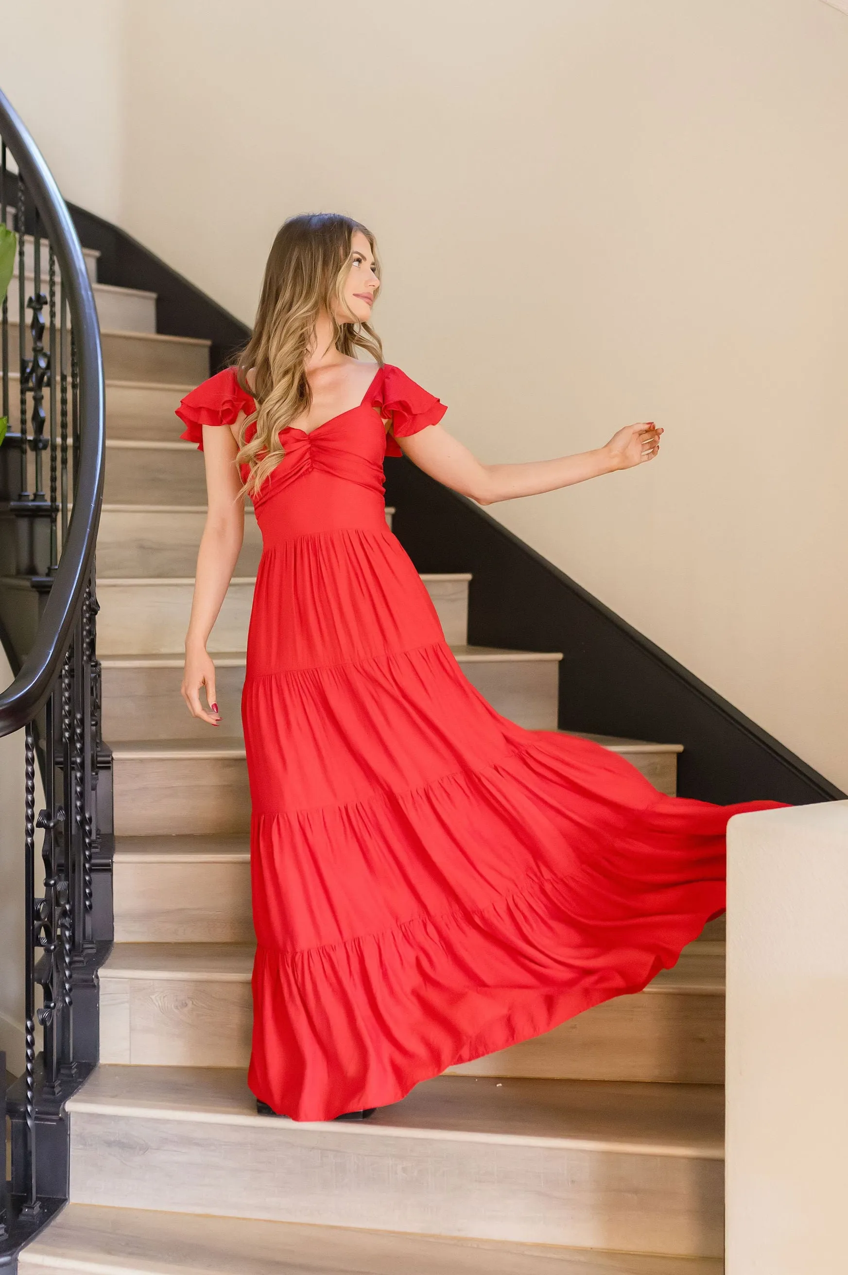 Kendall Ruffle Sleeve Maxi Dress Red