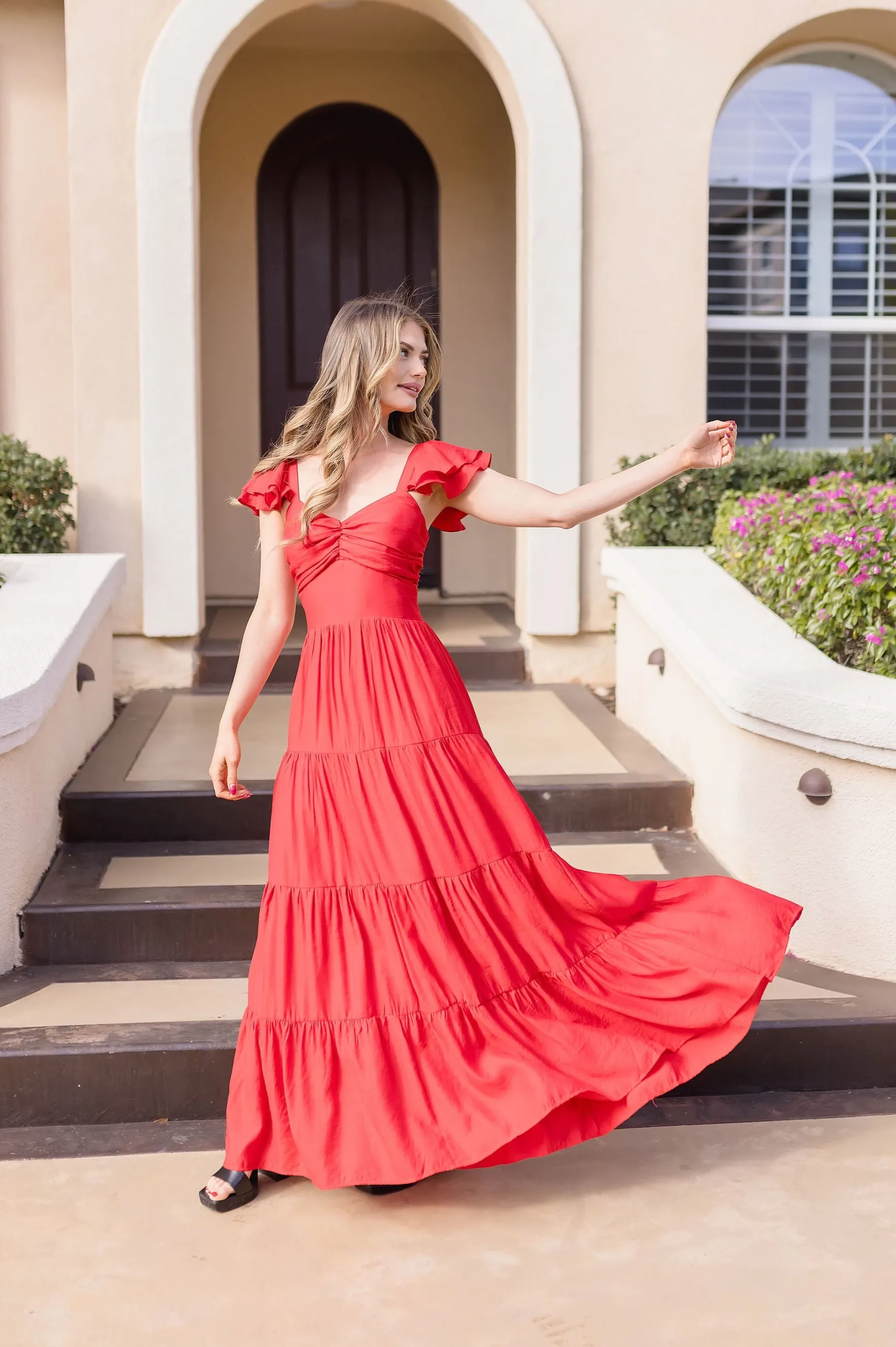 Kendall Ruffle Sleeve Maxi Dress Red