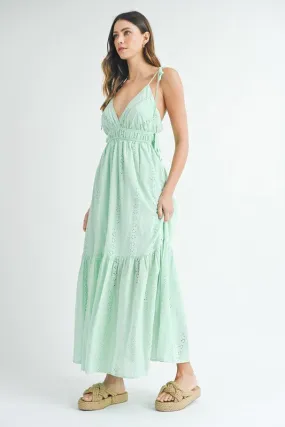 Kinsley Sleeveless Shoulder Tie Eyelet Maxi Dress Mint