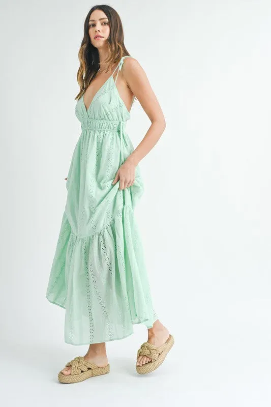 Kinsley Sleeveless Shoulder Tie Eyelet Maxi Dress Mint