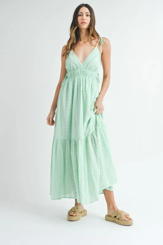 Kinsley Sleeveless Shoulder Tie Eyelet Maxi Dress Mint