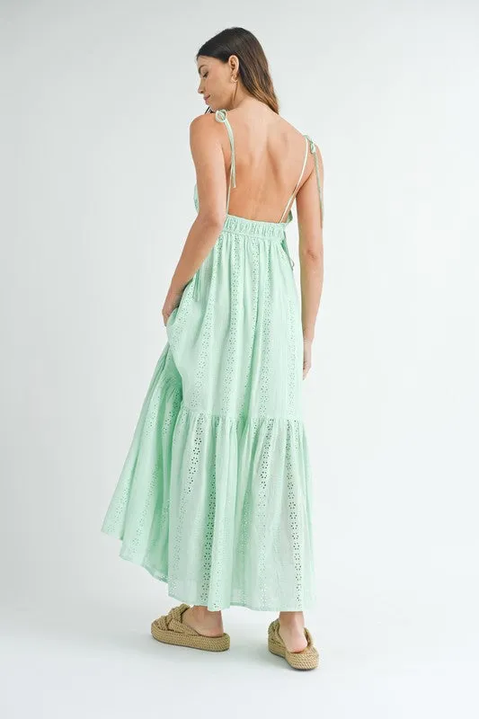 Kinsley Sleeveless Shoulder Tie Eyelet Maxi Dress Mint