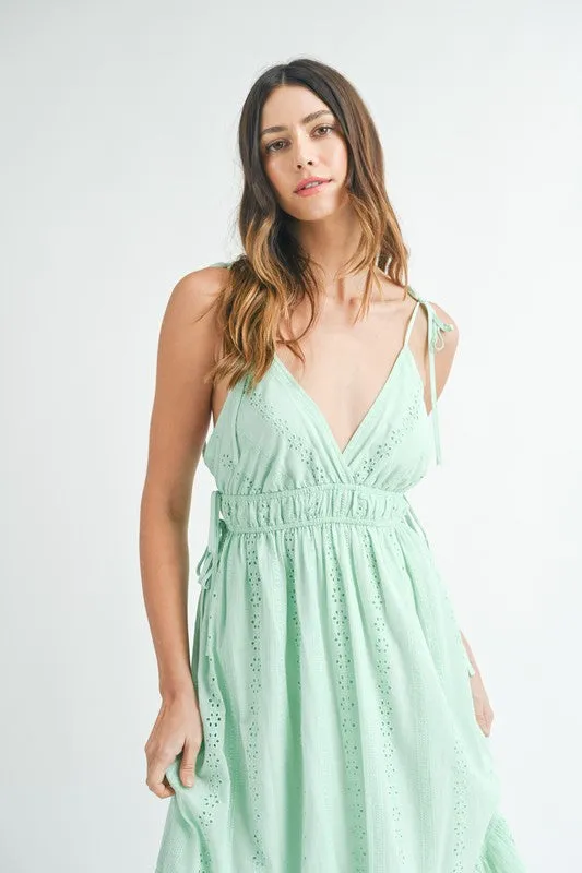 Kinsley Sleeveless Shoulder Tie Eyelet Maxi Dress Mint