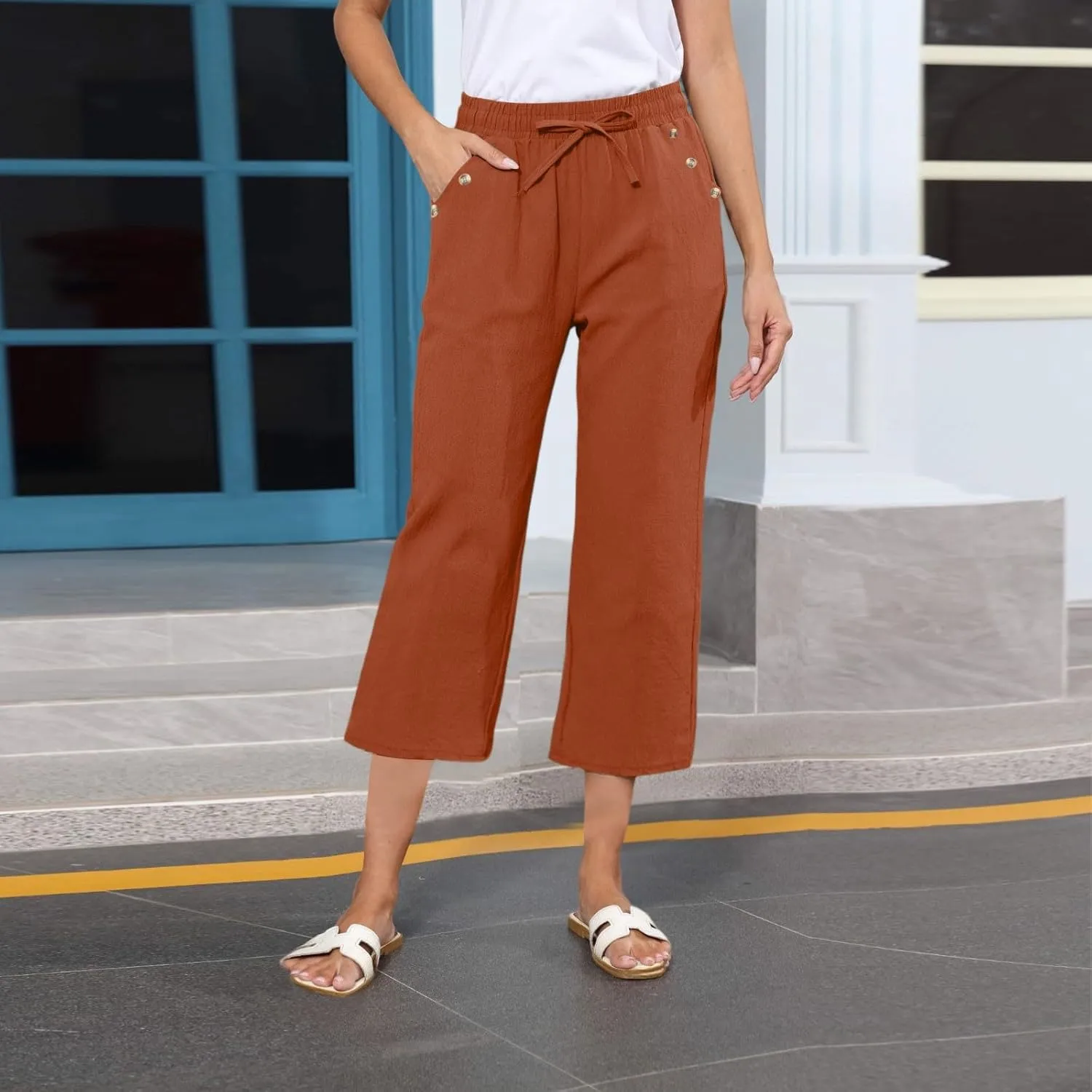 Linen Capri Pants for Women Soft Breathable Wrinkle Free Plus Size Wide Leg Trousers Elastic Drawstring Waist Pants