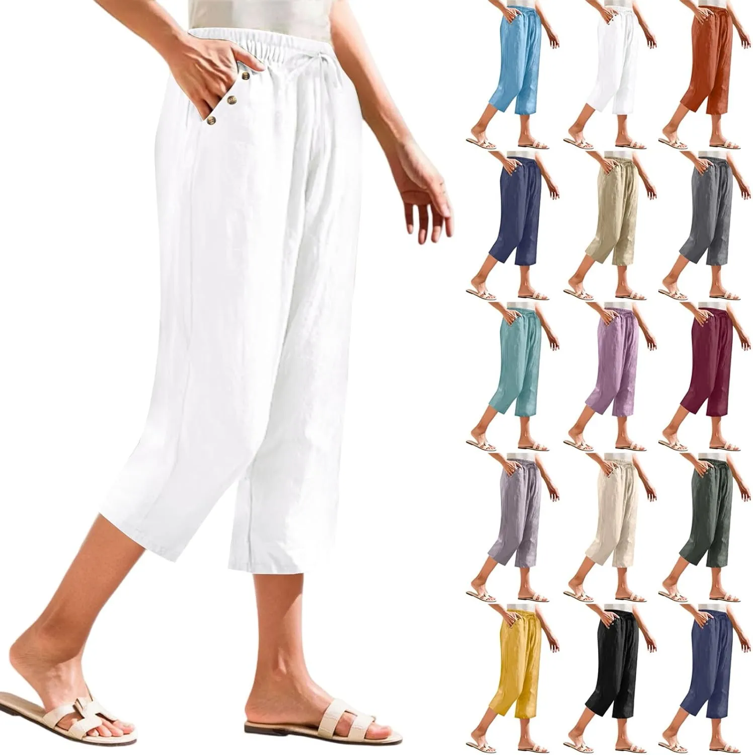 Linen Capri Pants for Women Soft Breathable Wrinkle Free Plus Size Wide Leg Trousers Elastic Drawstring Waist Pants