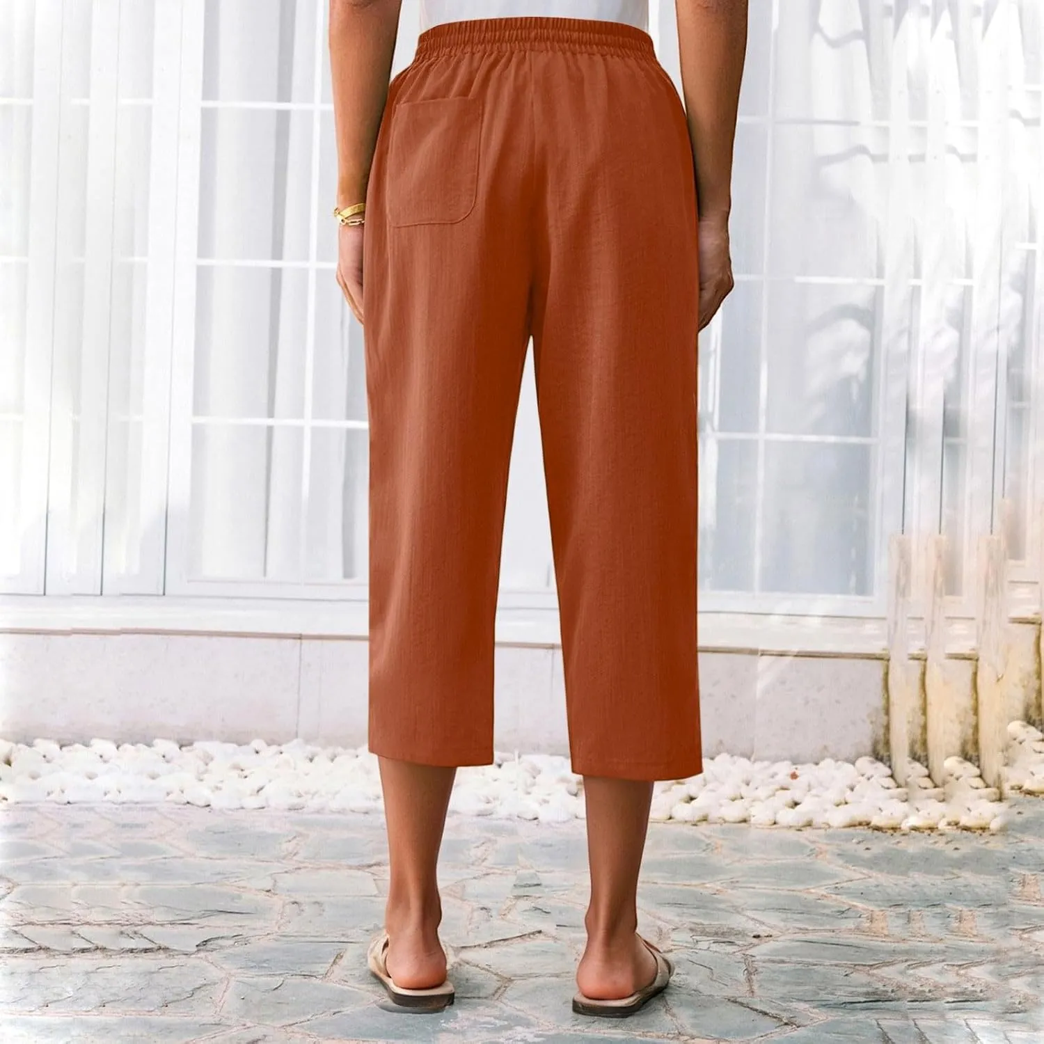 Linen Capri Pants for Women Soft Breathable Wrinkle Free Plus Size Wide Leg Trousers Elastic Drawstring Waist Pants