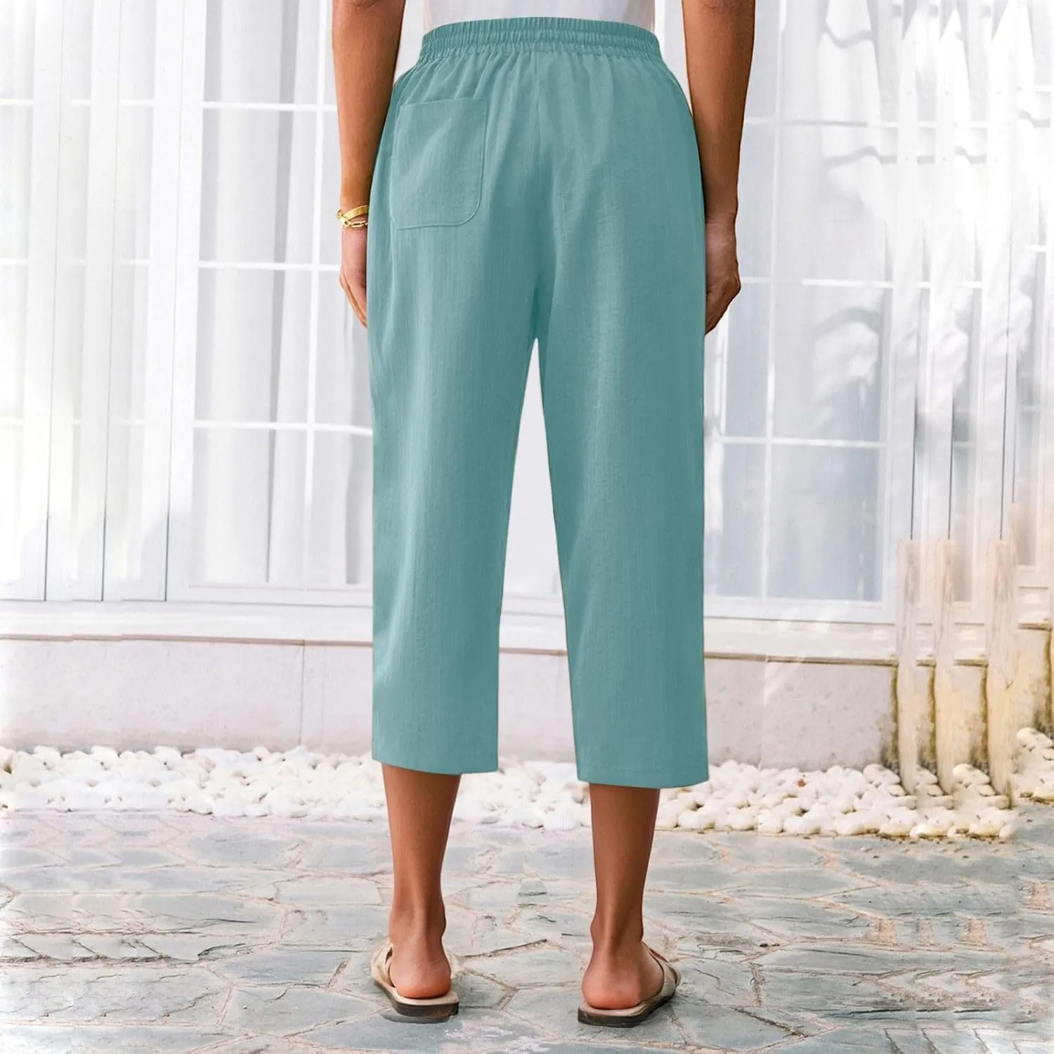 Linen Capri Pants for Women Soft Breathable Wrinkle Free Plus Size Wide Leg Trousers Elastic Drawstring Waist Pants