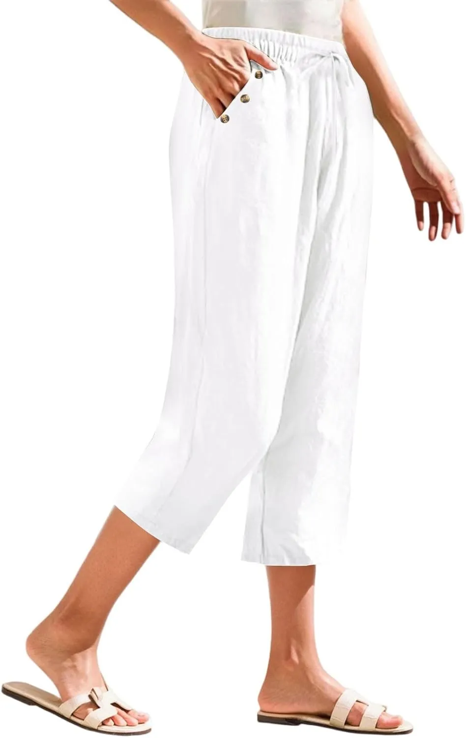 Linen Capri Pants for Women Soft Breathable Wrinkle Free Plus Size Wide Leg Trousers Elastic Drawstring Waist Pants