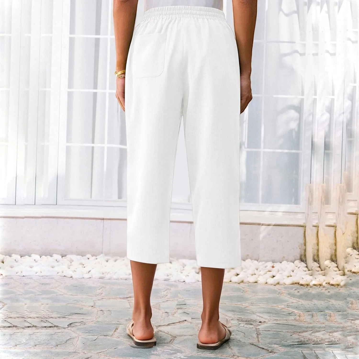 Linen Capri Pants for Women Soft Breathable Wrinkle Free Plus Size Wide Leg Trousers Elastic Drawstring Waist Pants