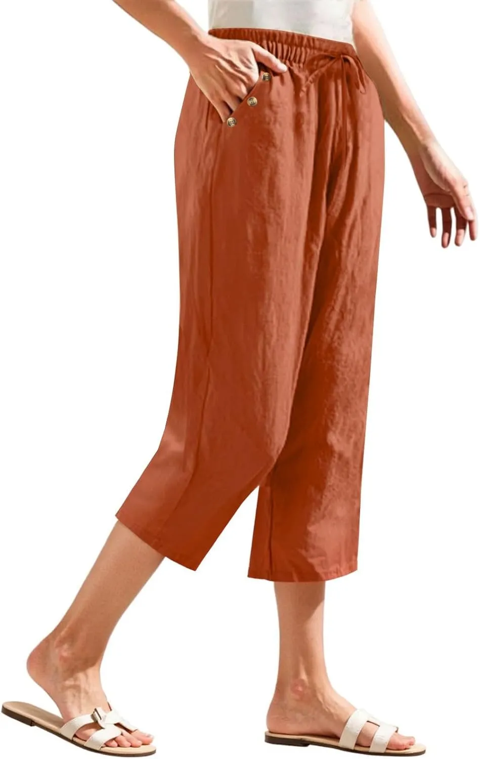Linen Capri Pants for Women Soft Breathable Wrinkle Free Plus Size Wide Leg Trousers Elastic Drawstring Waist Pants