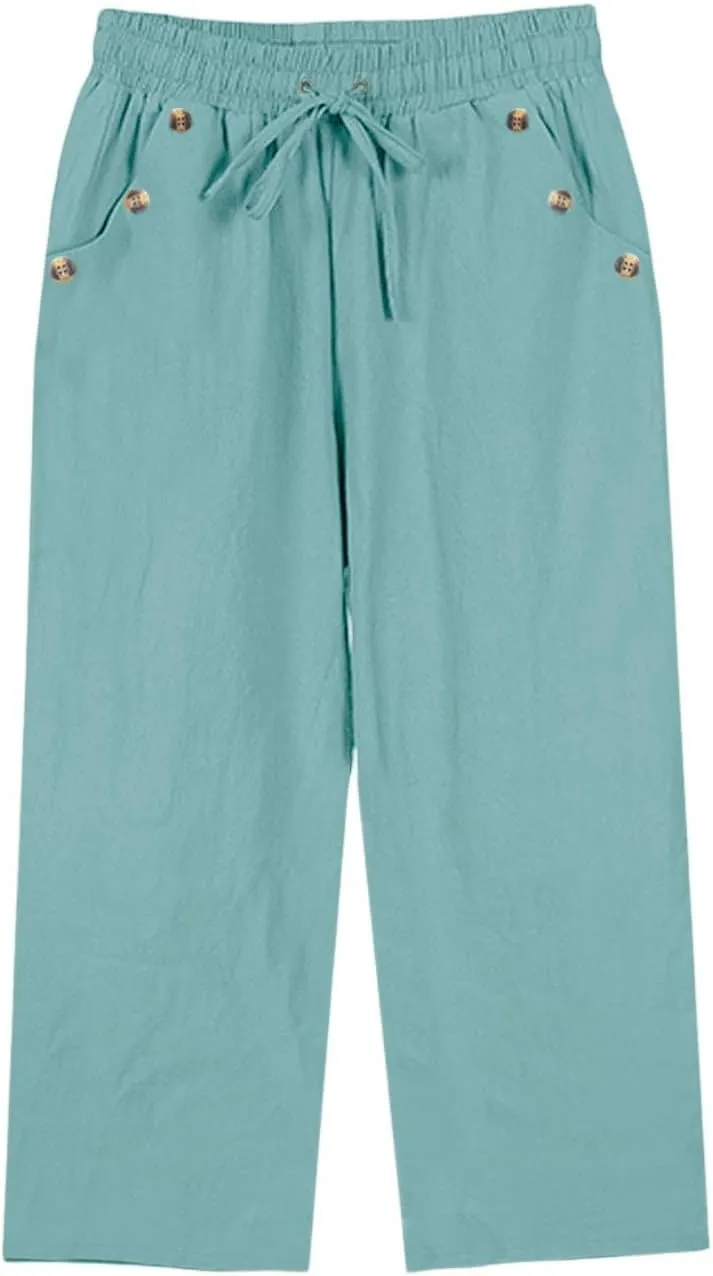 Linen Capri Pants for Women Soft Breathable Wrinkle Free Plus Size Wide Leg Trousers Elastic Drawstring Waist Pants