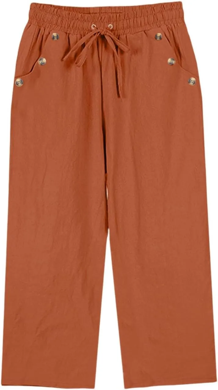 Linen Capri Pants for Women Soft Breathable Wrinkle Free Plus Size Wide Leg Trousers Elastic Drawstring Waist Pants