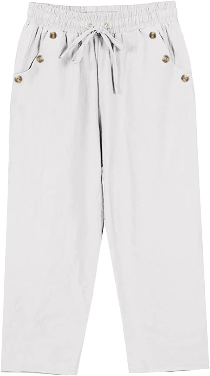 Linen Capri Pants for Women Soft Breathable Wrinkle Free Plus Size Wide Leg Trousers Elastic Drawstring Waist Pants