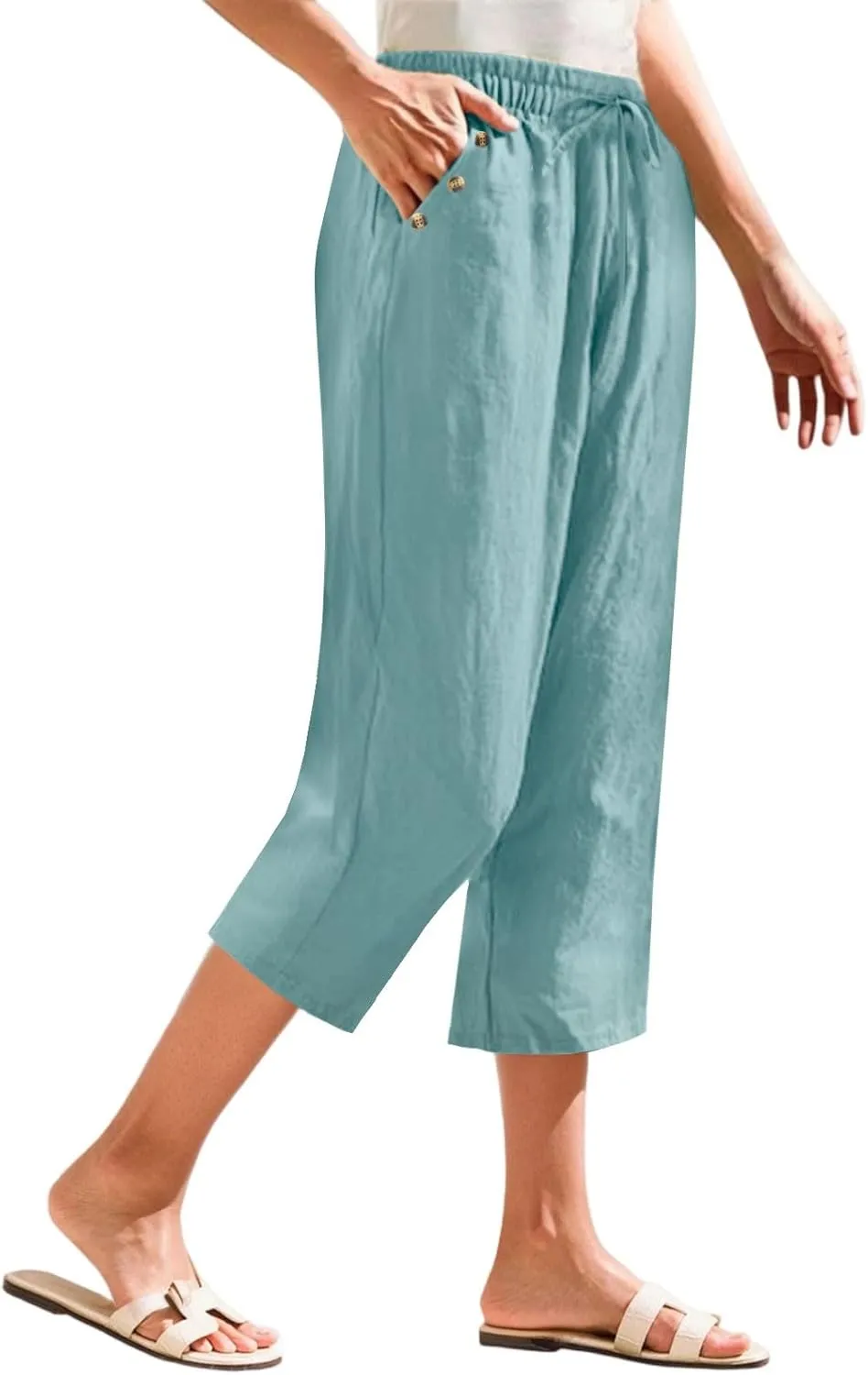 Linen Capri Pants for Women Soft Breathable Wrinkle Free Plus Size Wide Leg Trousers Elastic Drawstring Waist Pants