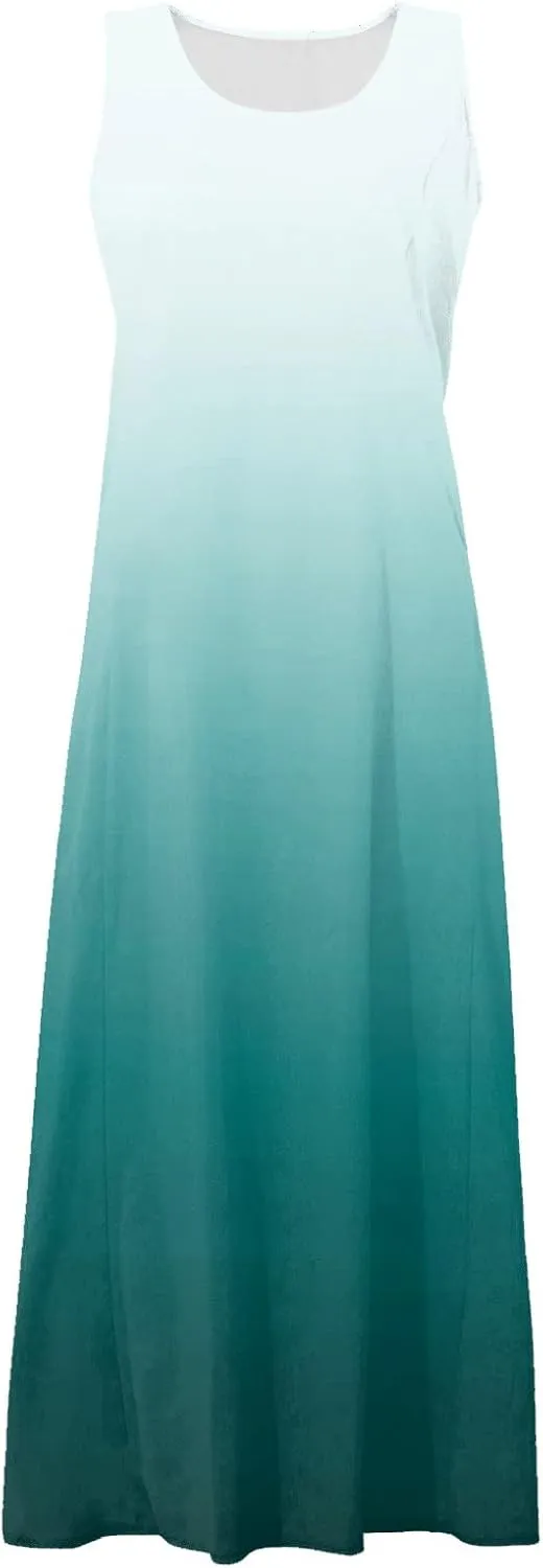 Linen Dress for Women Summer Flowy Tank Dress Printed Sleeveless Long Dress Casual Maxi Dresses with Pockets