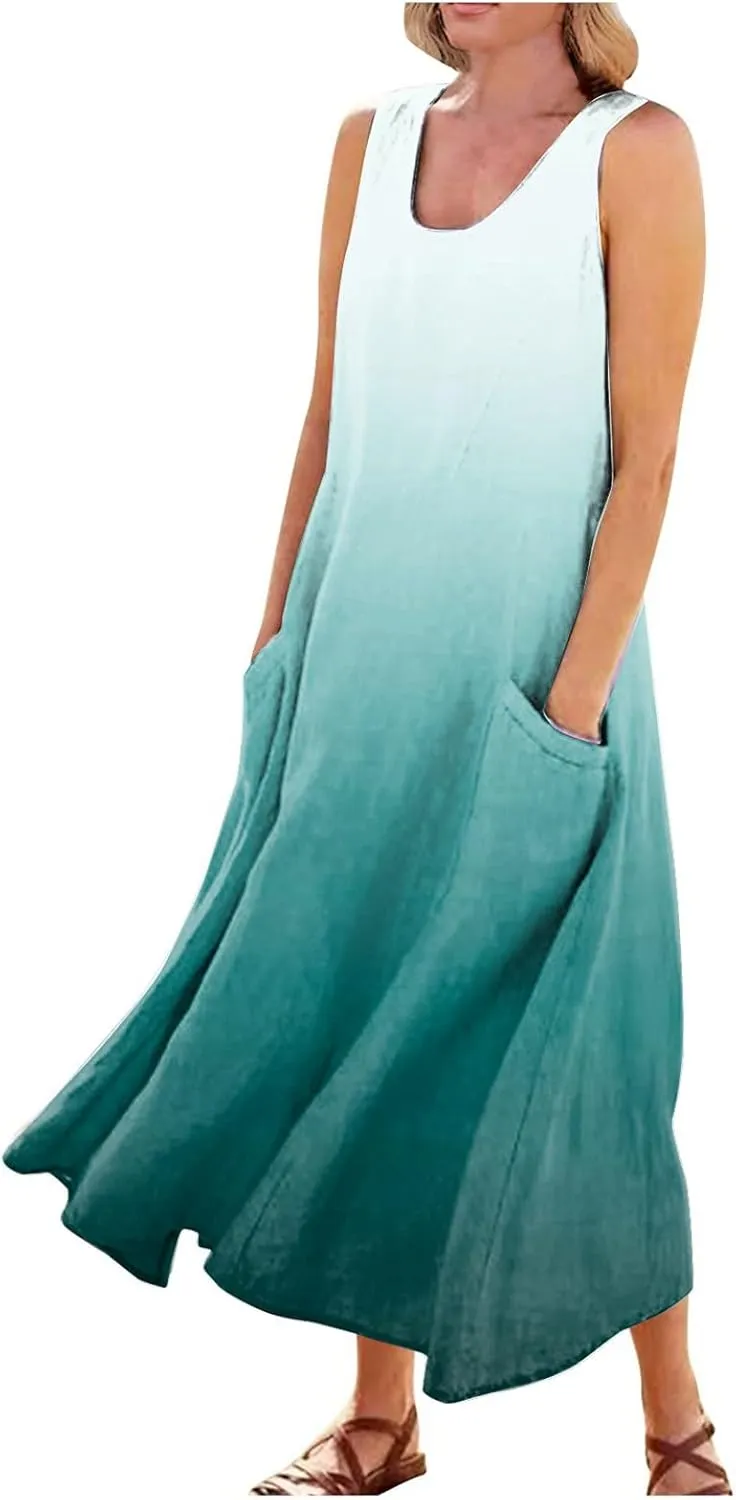 Linen Dress for Women Summer Flowy Tank Dress Printed Sleeveless Long Dress Casual Maxi Dresses with Pockets