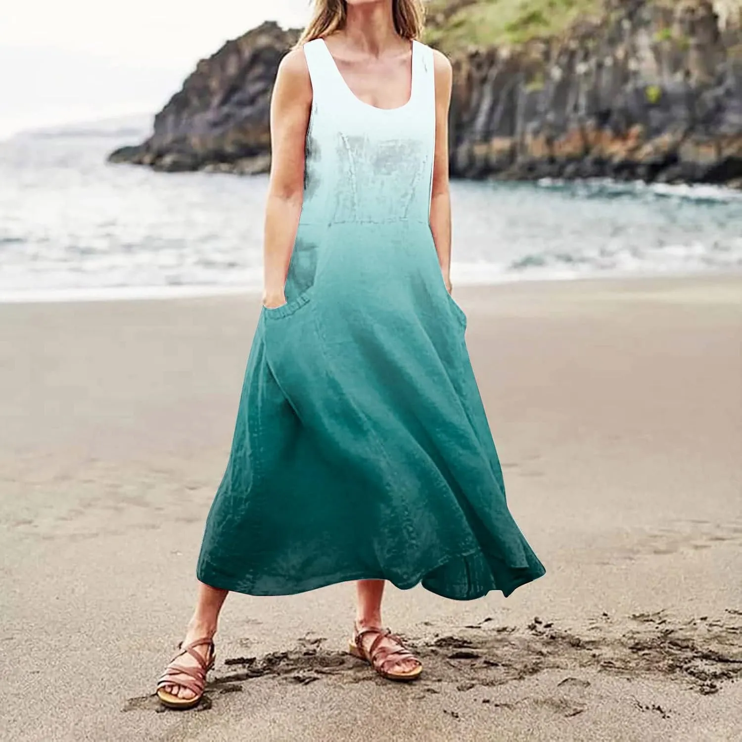 Linen Dress for Women Summer Flowy Tank Dress Printed Sleeveless Long Dress Casual Maxi Dresses with Pockets