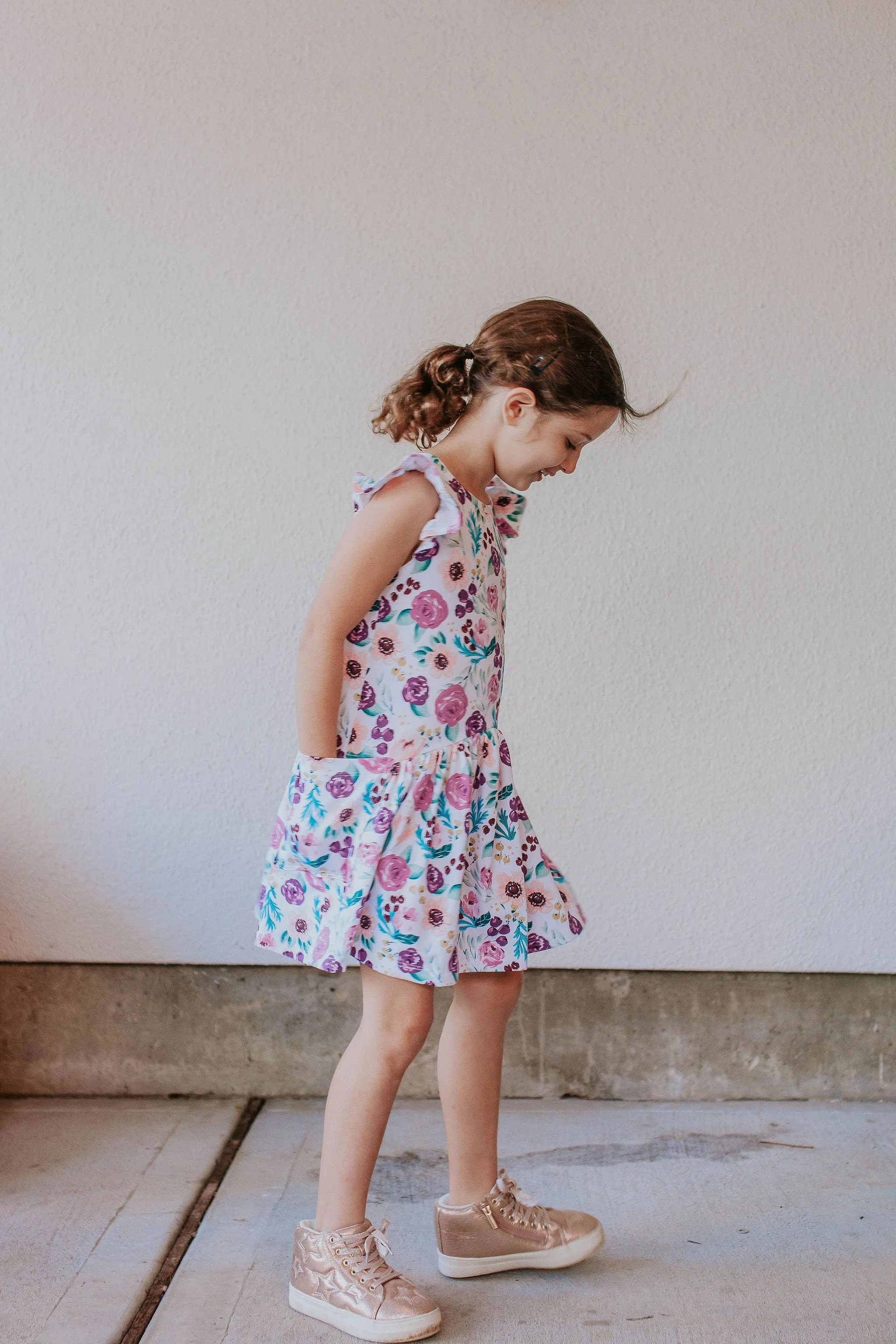 Little Girl's Purple Watercolor Boho Floral Print Three-Pocket Jersey Dress