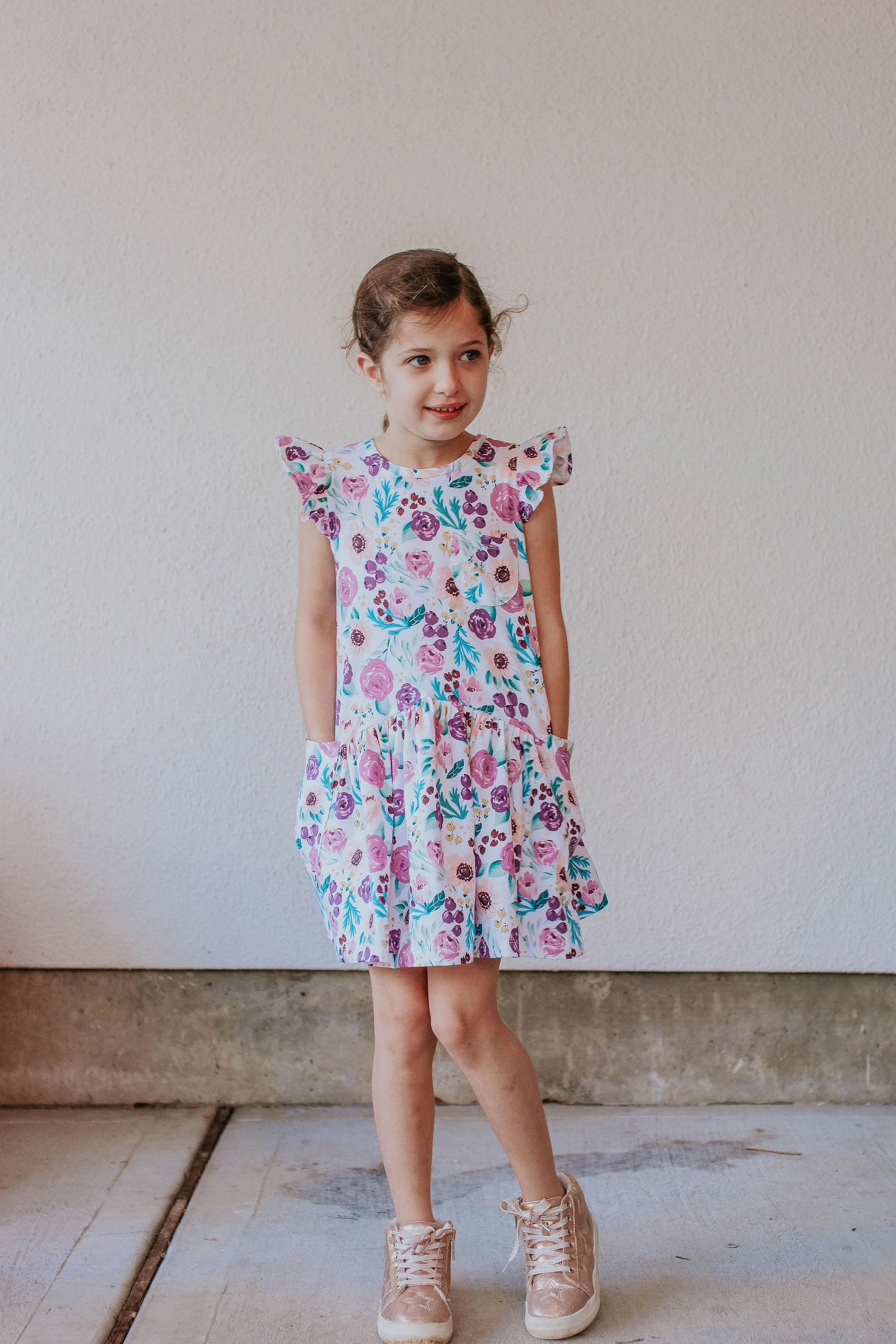 Little Girl's Purple Watercolor Boho Floral Print Three-Pocket Jersey Dress
