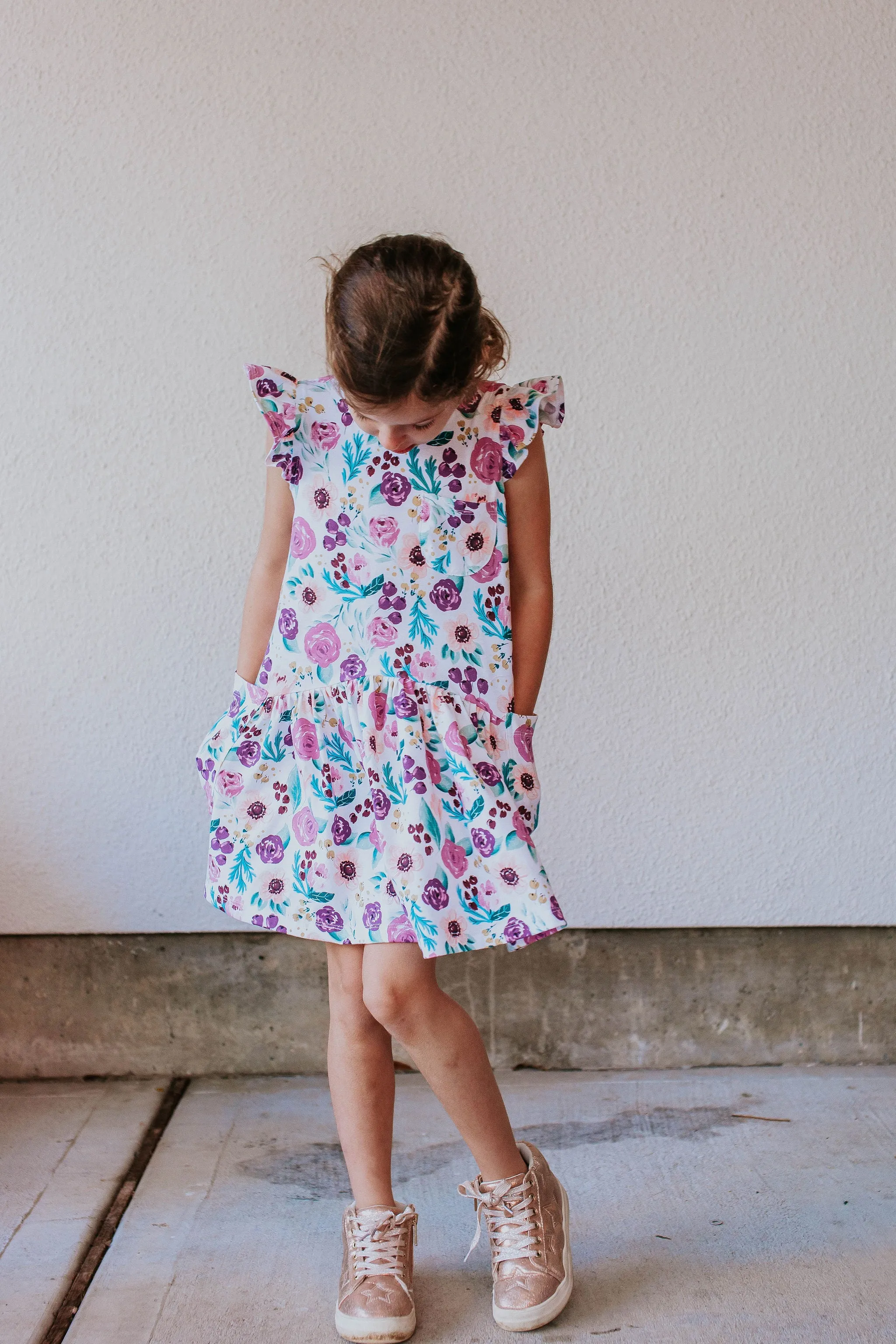 Little Girl's Purple Watercolor Boho Floral Print Three-Pocket Jersey Dress