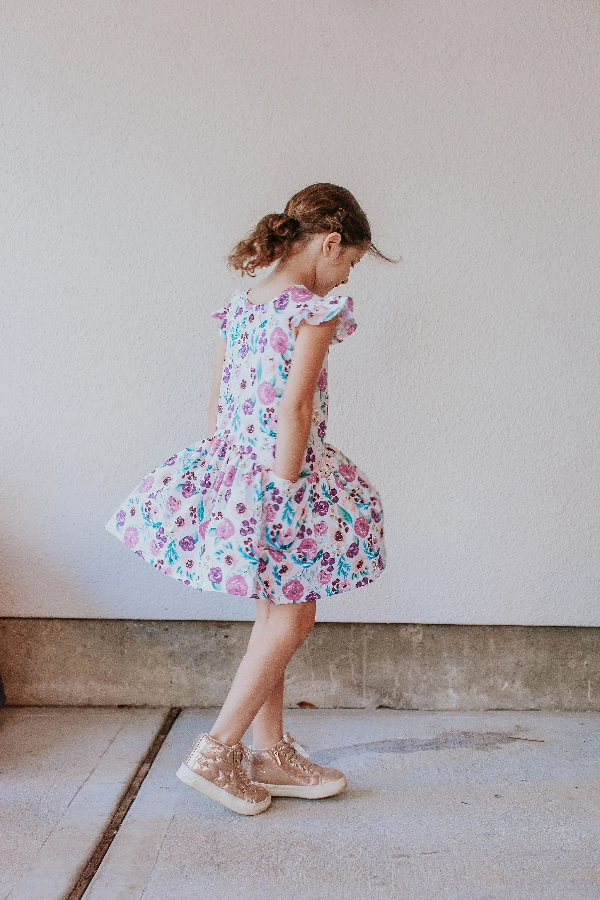 Little Girl's Purple Watercolor Boho Floral Print Three-Pocket Jersey Dress