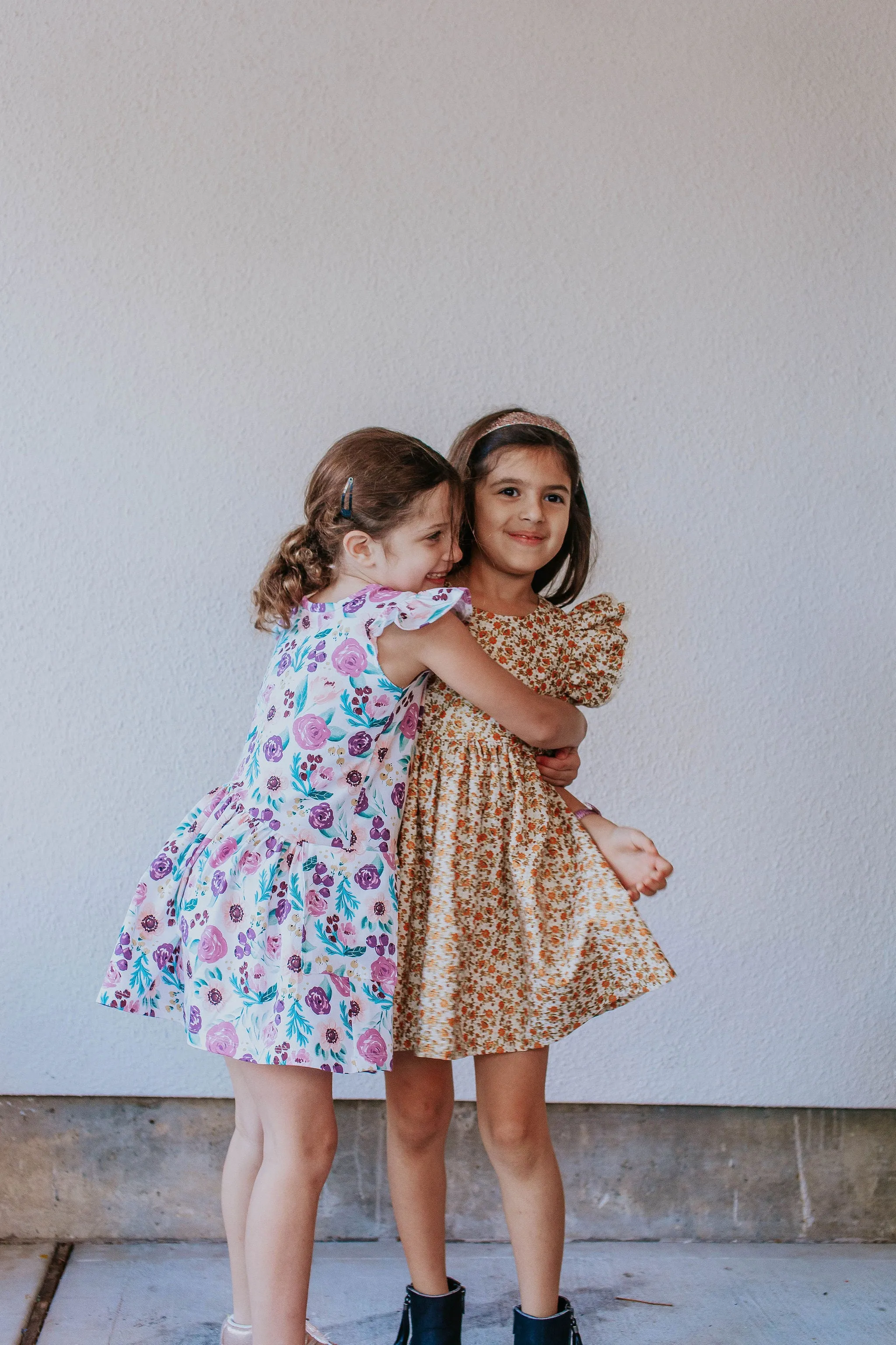 Little Girl's Purple Watercolor Boho Floral Print Three-Pocket Jersey Dress