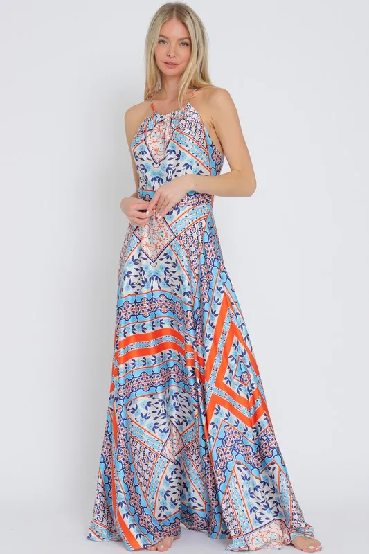 Lolisa Sleeveless Halter Cross Back Abstract Print Maxi Dress Blue