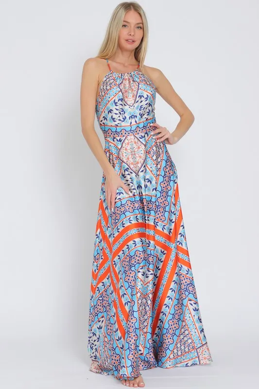 Lolisa Sleeveless Halter Cross Back Abstract Print Maxi Dress Blue