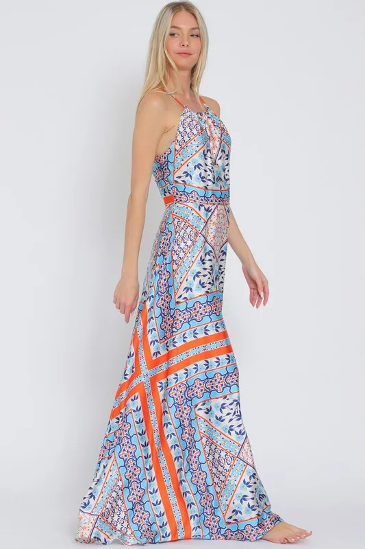 Lolisa Sleeveless Halter Cross Back Abstract Print Maxi Dress Blue