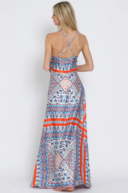 Lolisa Sleeveless Halter Cross Back Abstract Print Maxi Dress Blue