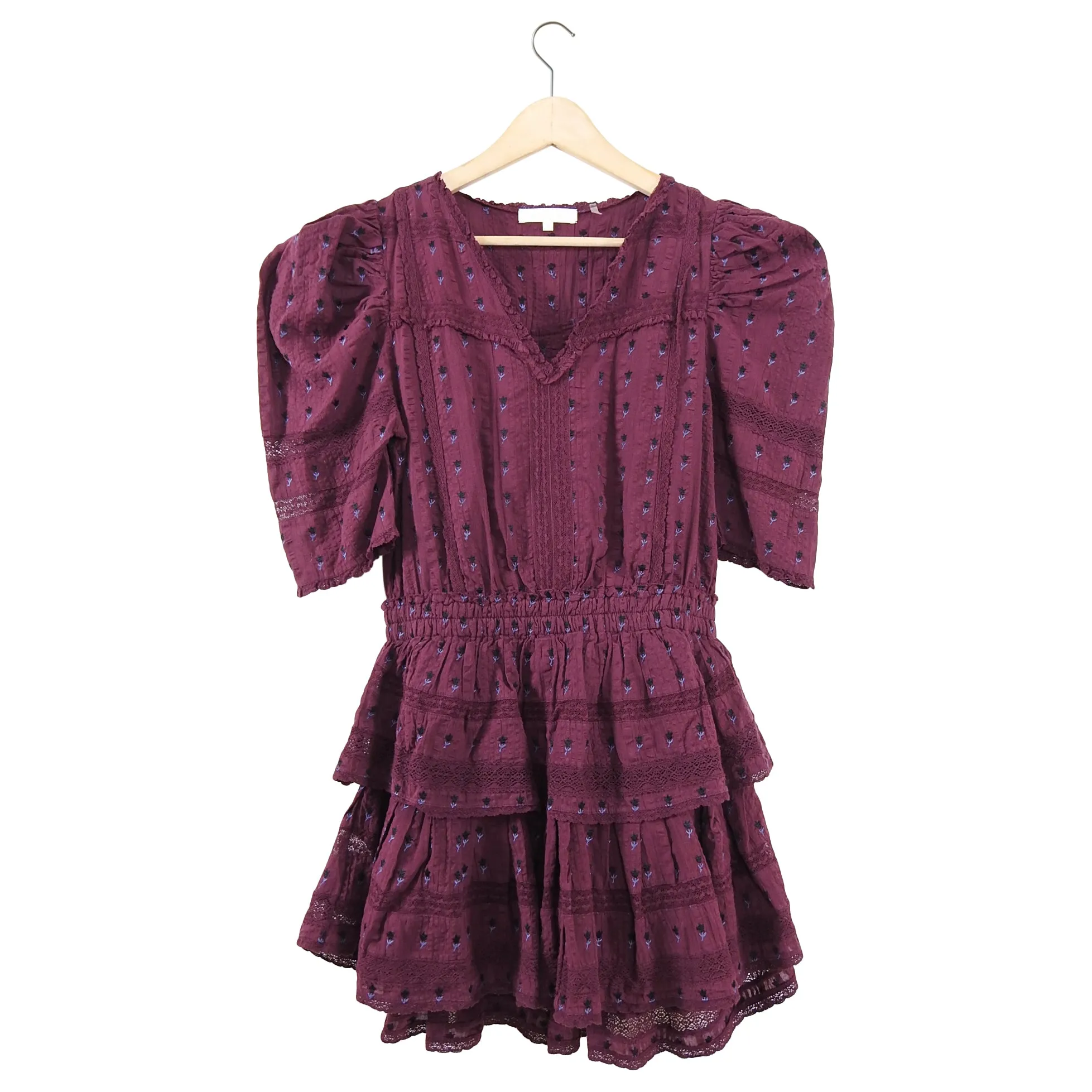 Loveshack Fancy Marissa Plum Cotton Boho Ruffle Mini Dress - M