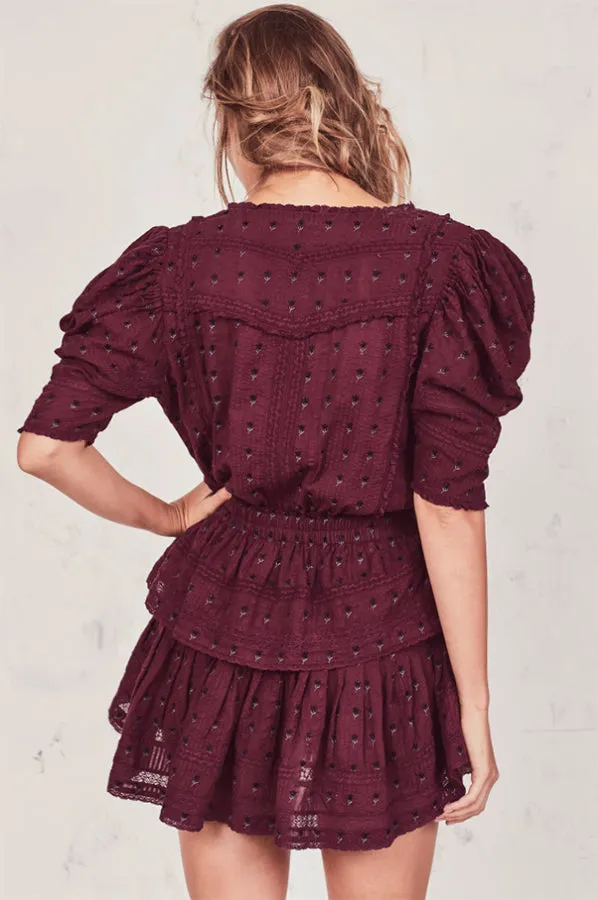 Loveshack Fancy Marissa Plum Cotton Boho Ruffle Mini Dress - M