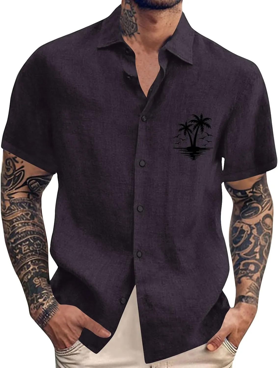 Mens Linen Beach Tops Plam Tree Graphic Short Sleeve Summer Button Down Shirt Lightweight Breathable Shirt