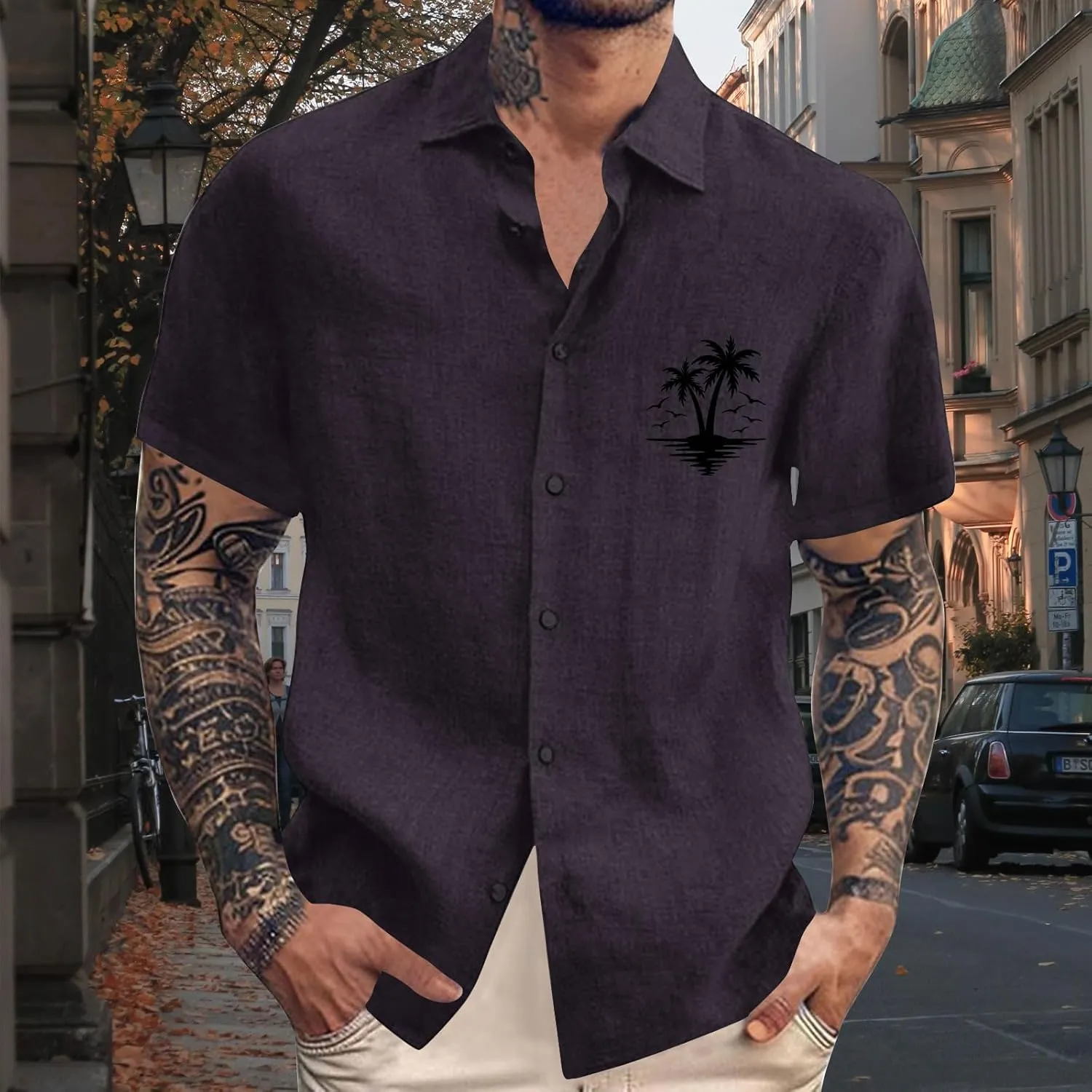Mens Linen Beach Tops Plam Tree Graphic Short Sleeve Summer Button Down Shirt Lightweight Breathable Shirt