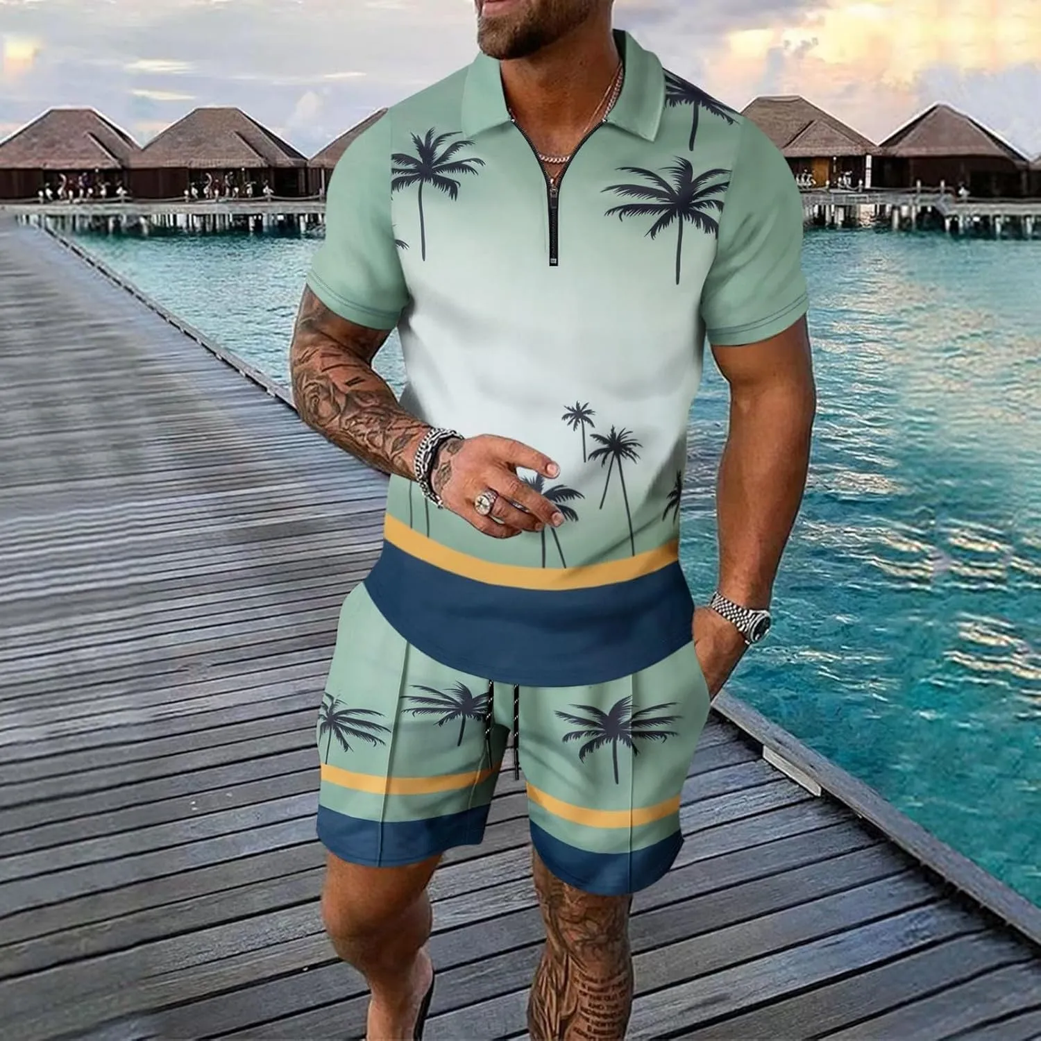Mens Summer Print Tracksuits T Shirt Shorts 2 Piece Set Business Casual Baggy Breathable Beach Outfits