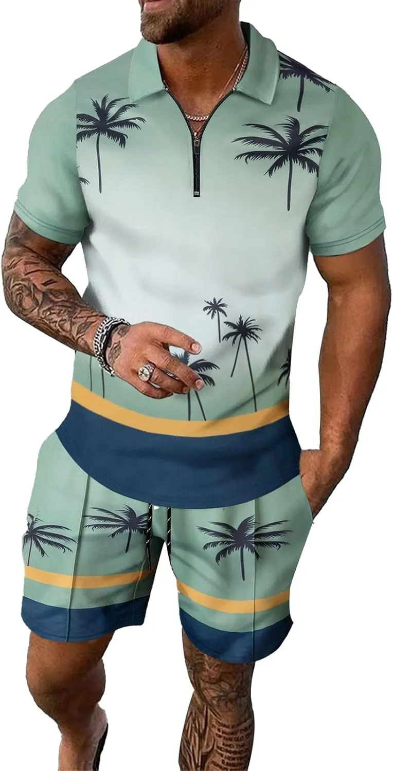 Mens Summer Print Tracksuits T Shirt Shorts 2 Piece Set Business Casual Baggy Breathable Beach Outfits