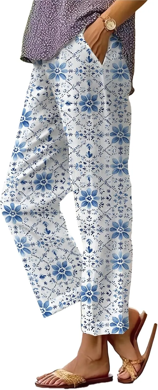 Plus Size Pants for Women Trendy 2025 Lightweight Elastic Waist Breathable Casual Beach Trousers with Pocket