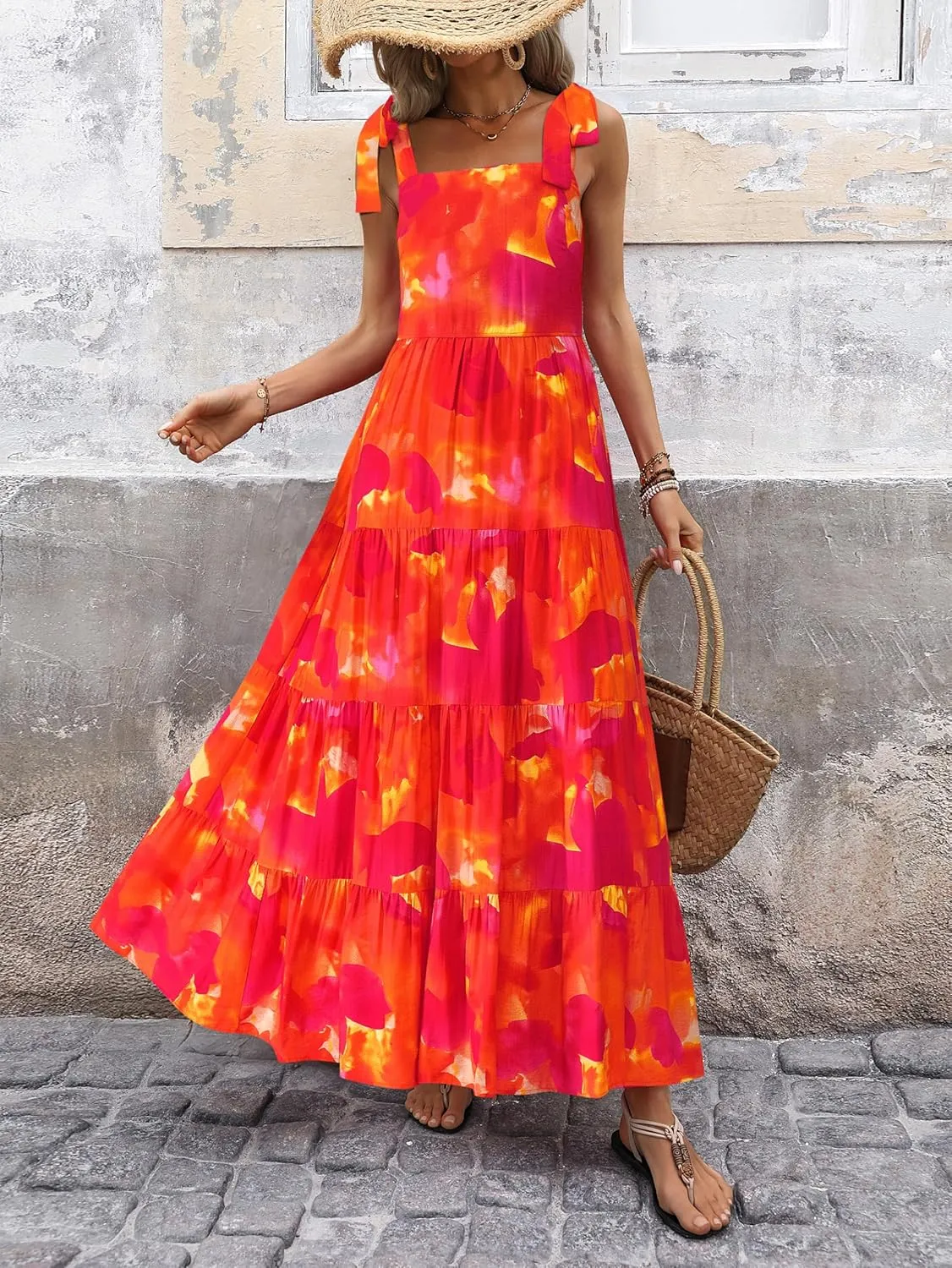 PRETTYGARDEN Womens Dresses 2025 Summer Floral Sleeveless Maxi Dress Casual Spaghetti Strap Tiered Flowy Beach Long Dress