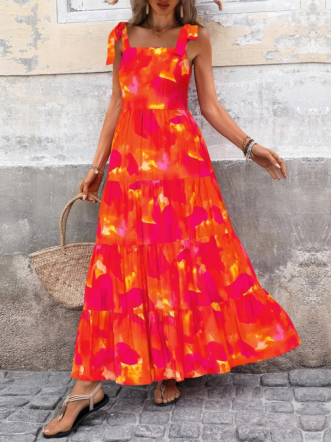 PRETTYGARDEN Womens Dresses 2025 Summer Floral Sleeveless Maxi Dress Casual Spaghetti Strap Tiered Flowy Beach Long Dress