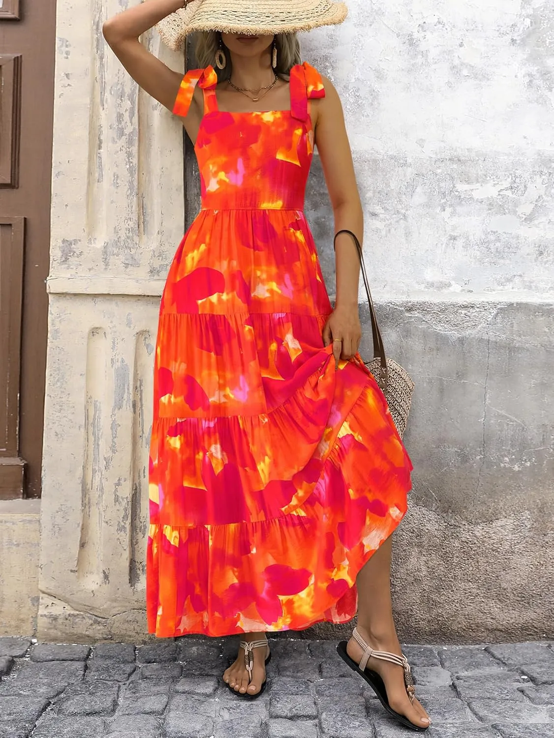 PRETTYGARDEN Womens Dresses 2025 Summer Floral Sleeveless Maxi Dress Casual Spaghetti Strap Tiered Flowy Beach Long Dress
