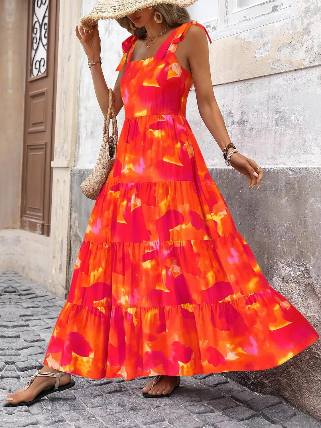 PRETTYGARDEN Womens Dresses 2025 Summer Floral Sleeveless Maxi Dress Casual Spaghetti Strap Tiered Flowy Beach Long Dress