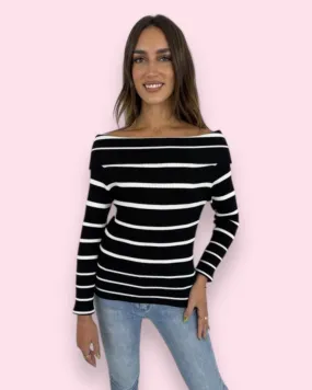 Shaelie Off Shoulder Striped Knit - Black