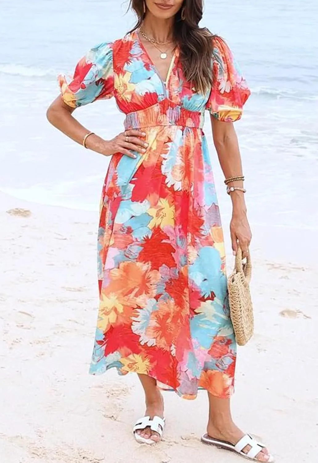 Sissyaki Women's Boho Floral Midi Dress Smocked Beach Flowy Dress