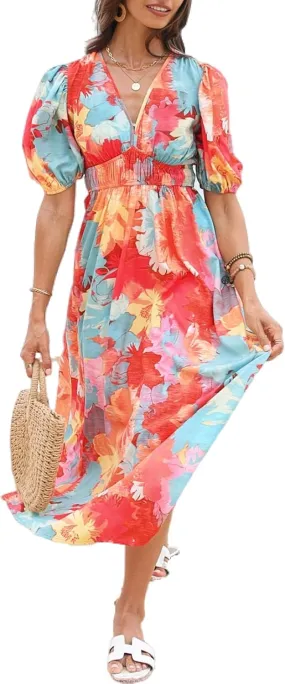Sissyaki Women's Boho Floral Midi Dress Smocked Beach Flowy Dress